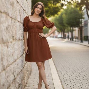 Imagem de Vestido Curto Feminino com Manga Bufante e Decote Canoa Malwee, P, Mar