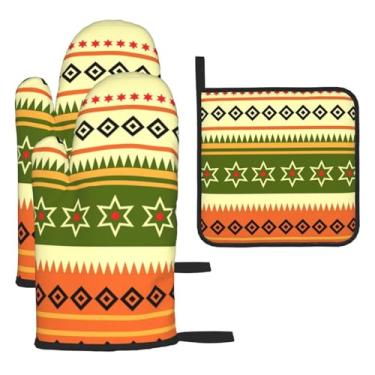 Imagem de Conjunto de cozinha essencial de 3 peças com estampa indiana, africana, listrada, luvas seguras para calor, proteção para churrasco no forno, design de armazenamento suspenso.