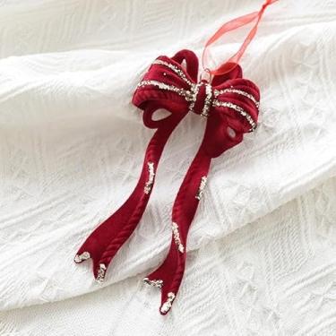 Imagem de 1 peça de enfeite de árvore de Natal de veludo vermelho, guirlanda flocada vermelha, laço, floco de neve, borboleta, doces, vários tipos para escolher
