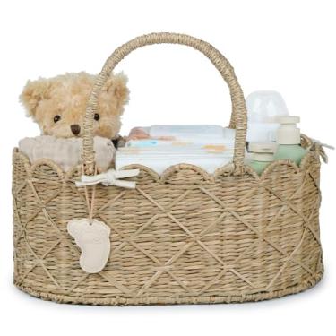 Imagem de YANGQIHOME Organizador de fraldas, cesta de berçário de algas marinhas para itens essenciais para bebês, cesta de vime recortada, presentes de chá de bebê (diamante)