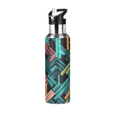 Imagem de Wassud Garrafa de água esportiva de aço inoxidável com garrafas de água isoladas com canudo copo geométrico abstrato portátil de viagem 623 g