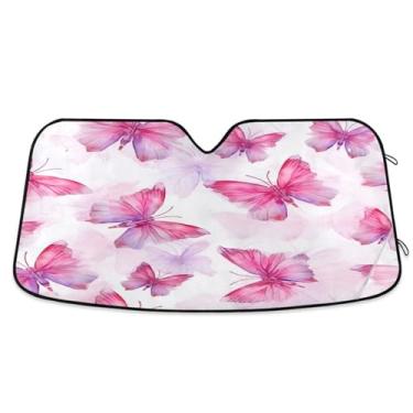 Imagem de Wassud Para-sol de para-brisa de carro borboletas cor-de-rosa, persianas refletivas para janela frontal de carro, protetor de viseira de sol bloqueia raios UV, persiana dobrável sanfonada para carro