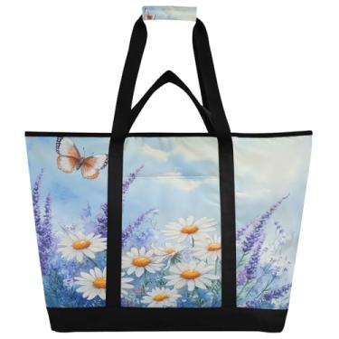 Imagem de Qilmy Bolsa térmica grande com margarida branca e lavanda, sacolas dobráveis reutilizáveis para cozinha, lancheira, portátil, à prova de vazamento, para compras, comida, viagem, praia, acampamento366