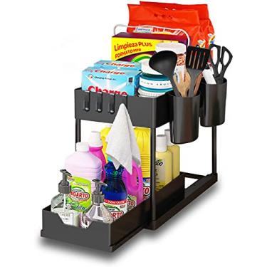 Imagem de Organizadores e armazenamento sob a pia Organizador de gaveta cozinha deslizante 2 andares com ganchos para copo pendura