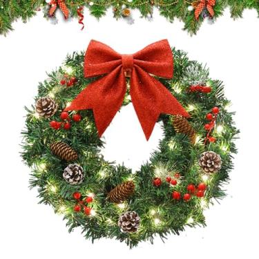 Imagem de Guirlanda para porta de Natal – Laço vermelho artificial, guirlanda de Natal iluminada para porta da frente | para decoração de casa, janela, parede, jardim, sala de estar, escritório, festa, feriado