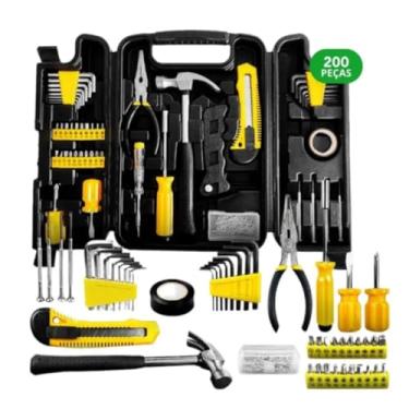 Imagem de Jogo de Ferramentas com Maleta 200 Peças, Aço Carbônico e PP, Preto, Inclui Martelo, Alicates, Chaves Allen, Bits, Arco de Serra, 32x22x5cm
