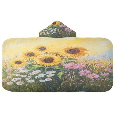 Imagem de Burbuja Pintura a óleo de girassóis toalha de banho com capuz para crianças, toalha de praia de pelúcia macia absorvente para meninas e meninos 3-10 anos, 61 x 127 cm