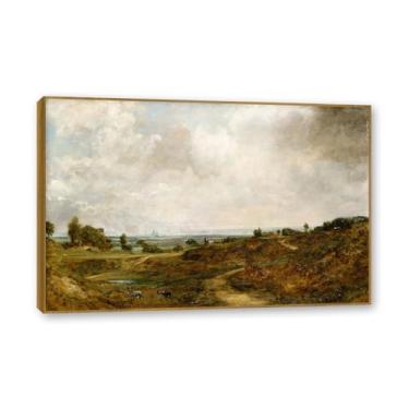 Imagem de Moldura de teca. Arte em tela romantismo estilo constável, (sem título 53), pintura de paisagem inglesa emoldurada, decoração de parede elegante para sala de estar escritório. 40 x 60 cm - 15,8 x 23,7