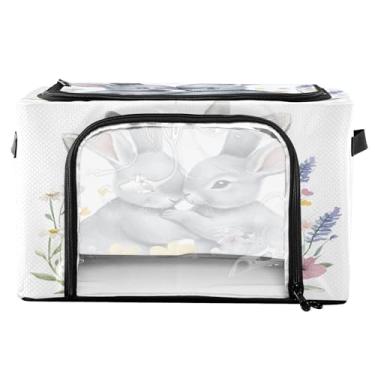 Imagem de xigua Cestos de armazenamento de roupas de coelho cinza aquarela com moldura de metal em forma de fixação, 2 formas de abertura, caixa organizadora de roupas dobrável com janela transparente e alças