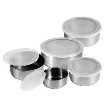 Imagem de Jogo de Tigelas Bowls de Aço Inox com Tampa 5 Unidades | Multiuso para Cozinha, Preparo e Armazenamento