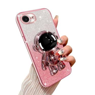 Imagem de Annyojo Capa de telefone para iPhone 16E com suporte de astronauta e cordão macio TPU brilhante transparente à prova de choque capa de proteção para iPhone 16E, ouro rosa