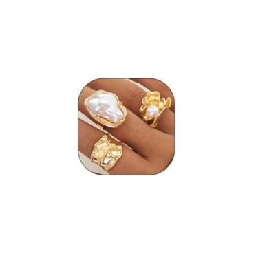 Imagem de Navirix Conjunto de anéis de pérolas barrocas irregulares de ouro grosso para mulheres, unqie, empilhável, abertura ajustável, joia moderna e personalizada, Liga de aço, Sem pedra preciosa