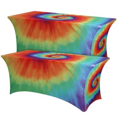 Imagem de Mindsoft Pacote com 2 toalhas de mesa retangulares de elastano de 1,8 m, toalha de mesa tie dye, resistente a rugas, capa de mesa lavável para decoração de festa com tema hippie retrô dos anos 60 e 70