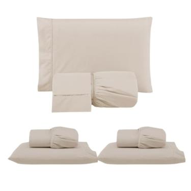 Imagem de Kit 3 Jogos de Lençol com Elástico e Fronhas Bordadas em Ponto Palito, Micropercal 300 Fios, 1 Casal Padrão e 2 Solteiros, 100% Poliéster (CPS Versat/Cáqui)