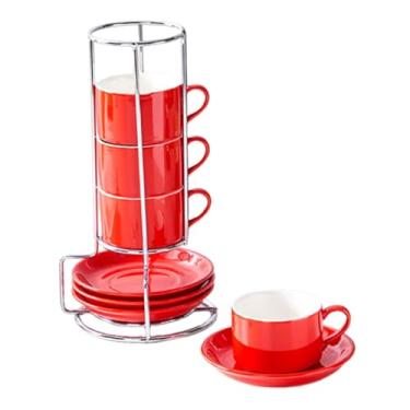 Imagem de ＫＬＫＣＭＳ Conjunto de 4 xícaras de café de cerâmica com pires, multifuncionais, com suporte, acessórios decorativos criativos para cafeteria, Vermelho