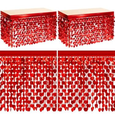 Imagem de Hahafelt 2 peças de saias de mesa vermelhas para o dia dos namorados, decorações de festa, coração vermelho, com franjas, tinsel para mesas retangulares, faixa de fundo para decoração de festa de