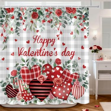 Imagem de MEHOFOND Cortina de chuveiro de dia dos namorados, folhas de eucalipto, xadrez, dia dos namorados, para banheiro, coração, romântico, amor, banheira, tecido impermeável, lavável, cortina de banho 182
