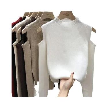 Imagem de Suéter De Malha Feminino De Manga Longa Com Ombros Descidos E Gola Alt