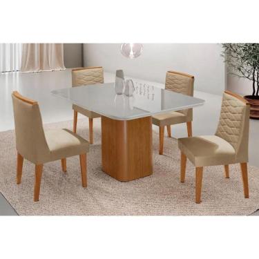 Imagem de Sala Jantar Mesa Maldivas Tampo c/ Vidro Curvo 90cm+4 Cadeiras Maldivas Madeira Naturale/Off White - Capuccino/Linho Bege - Rufato