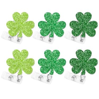 Imagem de JarThenaAMCS 6 peças de carretel de crachá de dia de São Patrício com clipes retráteis, cordão verde com glitter, trevo irlandês, nome de identidade, crachá, clipes de acrílico para professor, aluno