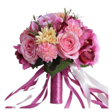 Imagem de Buquê de flores de seda artificial para casamentos – Arranjo floral de orquídea de dália, rosa (rosa profundo)