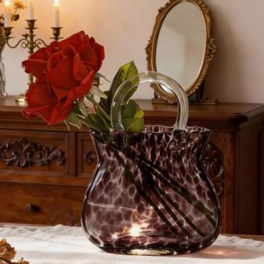 Imagem de Vesici Vasos de vidro de leopardo para flores decorativas com padrão âmbar bolsa de vidro, vaso bonito em forma de cesta, decoração de quarto para casa, escritório, casamentos, eventos, mesas, centros