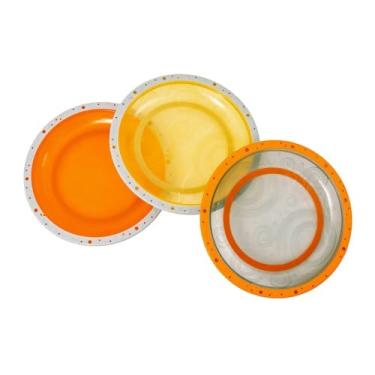 Imagem de Kit 3 Pratos Infantis com Borda de Silicone, Laranja, Cinza e Amarelo, 18,5 cm, Resistente ao Microondas e Lava-Louças, para Bebês e Crianças