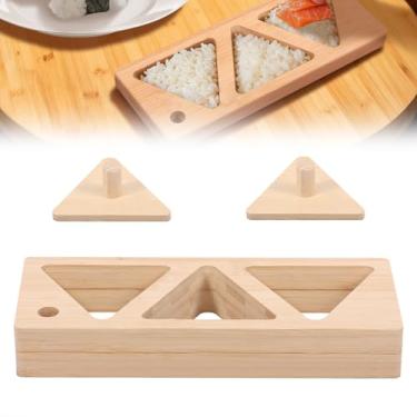Imagem de Conjunto de 2 peças de moldes de bola de arroz de bambu Onigiri, moldes de bola de arroz triangular com placa de prensa, máquina clássica de madeira Musubi para crianças, almoço, piquenique, família