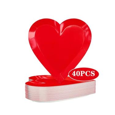 Imagem de Heyigrow 40 peças de pratos de papel em forma de coração, 23 cm descartáveis, artigos de festa, decorativos, românticos, conjunto de dia dos namorados para festa de aniversário de casamento (vermelho)