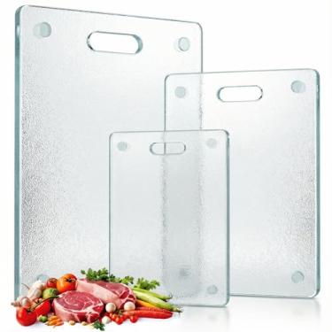 Imagem de LemonRoad Tábua de corte de vidro temperado de 3 peças para cozinha, tábua de cortar transparente com alça (20 x 30 x 35 cm e 30 x 40 cm), resistente a arranhões, resistente ao calor, lavável na