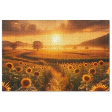 Imagem de Quebra-cabeça de girassóis pôr do sol paisagem adulto 500 peças decoração de casa arte quebra-cabeça colorido divertido bobo