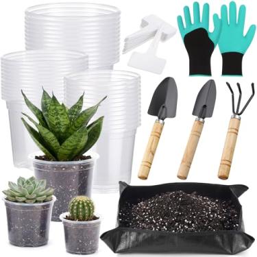Imagem de Yiyiring Kit de ferramentas de jardim com 83 peças, vasos de plantas de plástico transparente de 9,5 cm com tapete de transplante, conjunto de ancinho de cultivador de espátula, etiqueta e luva