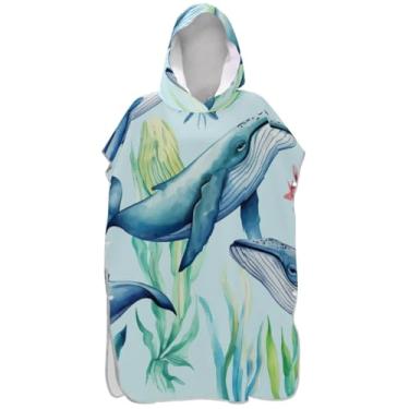 Imagem de Joisal Baleias azuis Poncho de surfe de desenho animado roupão adulto absorvente feminino ponchos com capuz toalhas de banho com capuz