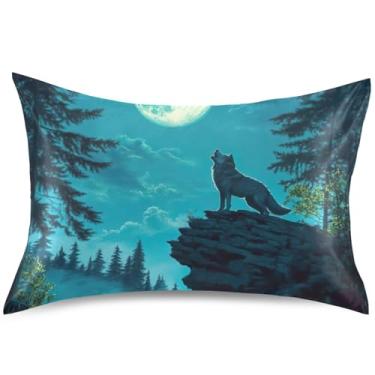 Imagem de Capa de almofada de cetim com lobo uivando na lua capa de almofada colorida arte padrão queen king size travesseiro cuidados com o cabelo, tamanho king, 101,6 cm x 50,8 cm
