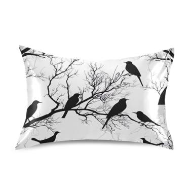 Imagem de Fronhas estampadas preto branco silhuetas pássaros padrão king queen travesseiros chinelos cetim refrescante casa vida cama personalizada tamanho king size 101,6 cm x 50,8 cm