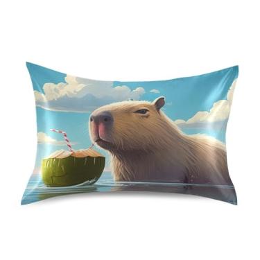 Imagem de Lindas fronhas de cetim azul celeste capivara branca fofa refrescante king queen travesseiro padrão chinelos floral cama travesseiro cuidados com a pele tamanho Queen 76.2 cm x 50.8 cm