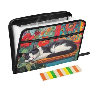 Imagem de Pastas de arquivo expansíveis de flores vermelhas retrô gato A4 pasta sanfonada com etiquetas organizador de material escolar