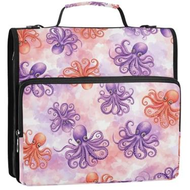 Imagem de Pasta de 3 anéis de polvo vibrante, organizador de fichário com zíper de 3,5 polegadas, bolsa de fichário para ensino médio com portfólio de alça e suporte de pasta de anel, 34,5 x 31,5 x 9 cm