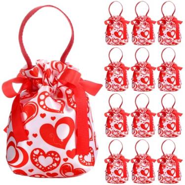 Imagem de SilTriangle 12 peças de sacos pequenos de presente de dia dos namorados, corações estampados com cordão, sacos de presente de lona, caixas de presente vermelhas, para dia dos namorados, chá de panela