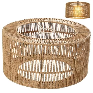 Imagem de Abajur de vime, abajur cilíndrico de vime boêmio grande, tecido de vime, capa de lâmpada tecida à mão de papel de bambu para salas de estar, cafés, restaurantes, salas de chá, fácil instalação
