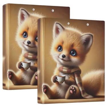 Imagem de Fichários personalizados Cozy Fox Coffee Time com 3 anéis de 3 cm comporta 200 folhas, 3 pastas de anéis, fichário de apresentação de anel redondo, 31,5 x 27 x 6 cm, pacote com 2