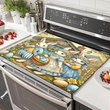 Imagem de HOMETITUTE Coberturas de fogão Cottage Bunny para fogão elétrico 71 x 50 cm almofada decorativa de vidro para placa de fogão resistente ao calor tapete de bancada de cozinha para pias e bancadas feito