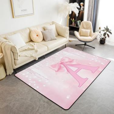 Imagem de jejeloiu Lindo tapete de área de arco rosa 3 x 5 letras A tapetes para sala de estar para crianças meninos meninas quarto princesa decoração tapete com glitter antiderrapante monograma tapete interior