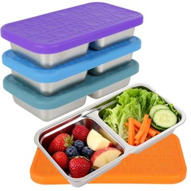 Imagem de Recipiente de lanche de aço inoxidável de 4/2 peças com tampa de silicone, recipiente reutilizável para lanche com 2 compartimentos para viagens ao ar livre acampamento (4)