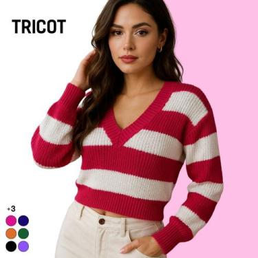 Imagem de Blusa Feminina Tricot Manga Longa Gola V Listrada Casual - Vitrine Col