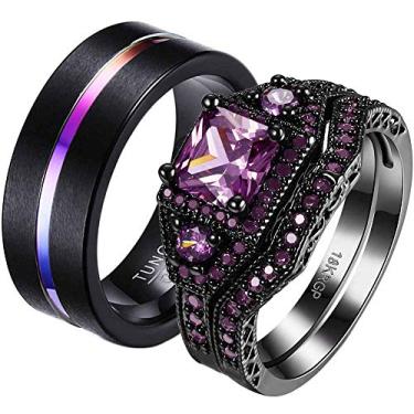 Imagem de ringheart 2 anéis para ele e ela anéis de casal banhados a preto corte princesa 6 mm verde CZ conjuntos de alianças de casamento femininas aço titânio masculino alianças de casamento, women size6 &