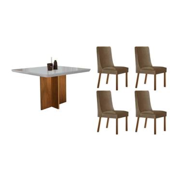 Imagem de Sala Jantar Mesa Berlim Tampo Curvo 90cm+4 Cadeiras Dakota Madeira Naturale - Capuccino/Suede Capuccino - Rufato