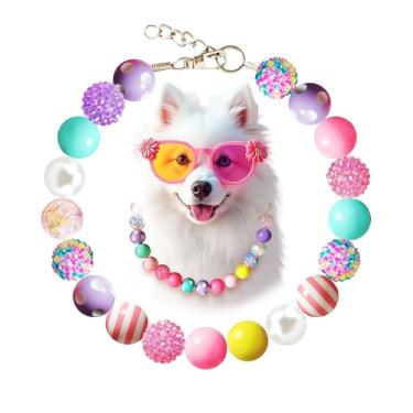 Imagem de KUDES Colar com coleira de cachorro Bubblegum – Contas de doces grossas de 20 mm com corrente de aço inoxidável | Coleira de strass ajustável para cães médios/grandes | Joias de uso diário e festa