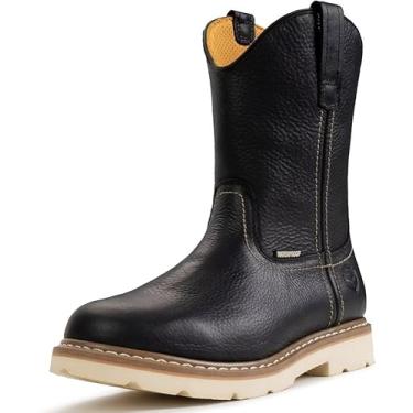 Imagem de SUREWAY Bota Wellington masculina de 25,4 cm com bico macio/aço à prova d'água, botas de trabalho resistentes, couro de flor integral, soldada Goodyear, superior antiderrapante, Bico macio impermeável