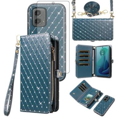 Imagem de Capa de celular para Motorola Moto G 5G 2024 carteira com zíper destacável protetor de tela de vidro temperado alça transversal alça flip para cartão com glitter slot para cartão G5G 5 G G5 mulheres